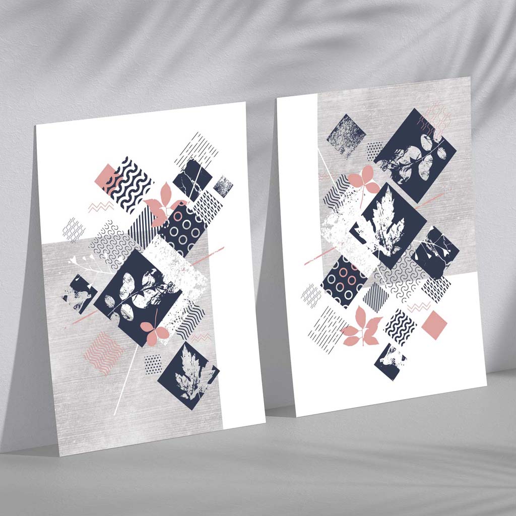 Blue, Pink and Grey Mixed Media Floral Set of 2 Art Prints