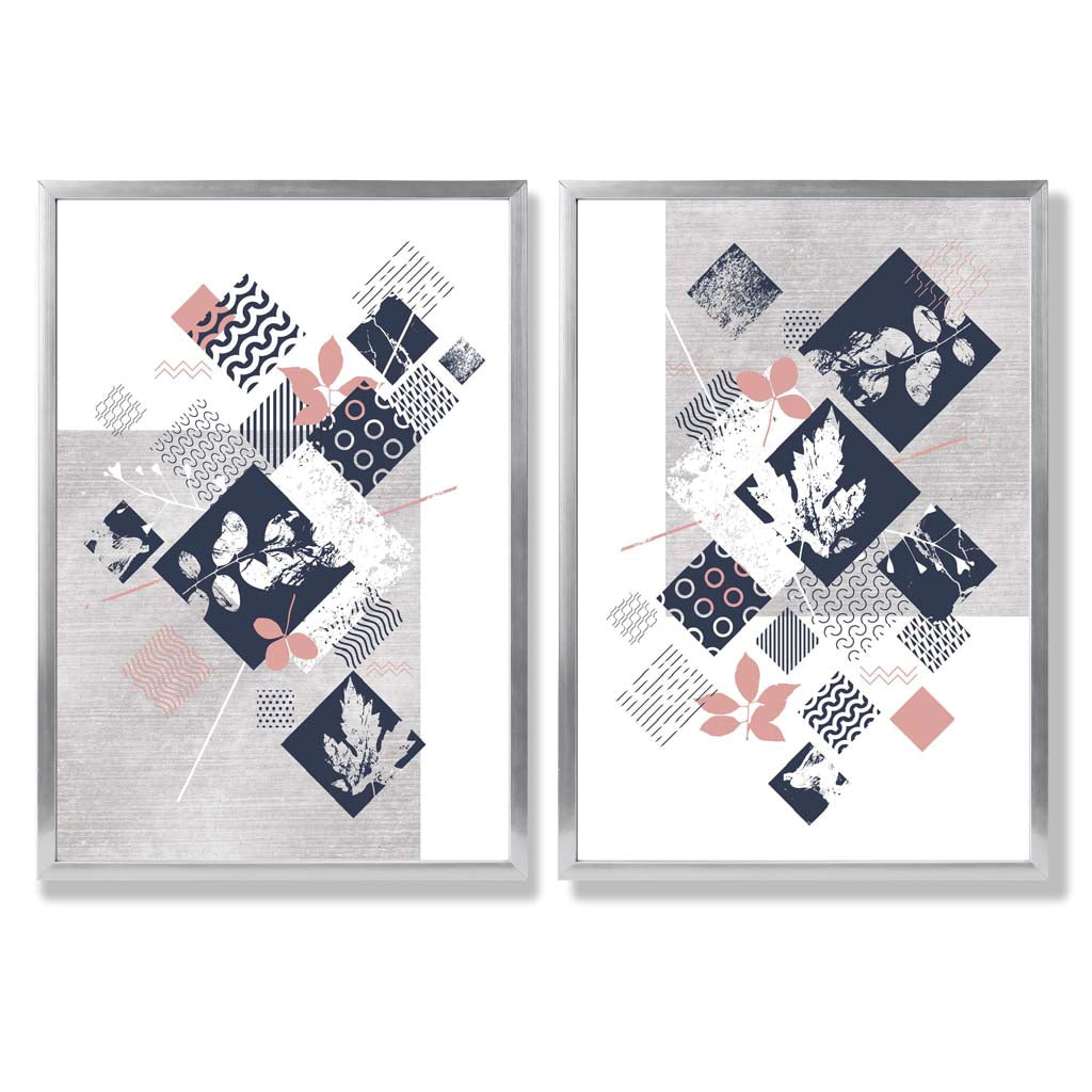 Blue, Pink and Grey Mixed Media Floral Set of 2 Art Prints with Silver Frame