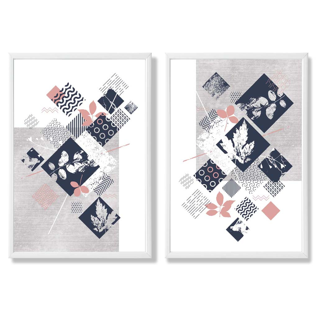 Blue, Pink and Grey Mixed Media Floral Set of 2 Art Prints with White Frame