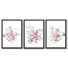 Set of 3 Pink Roses with Eucalyptus Bouquets Framed Art Prints with Black Wooden Frames