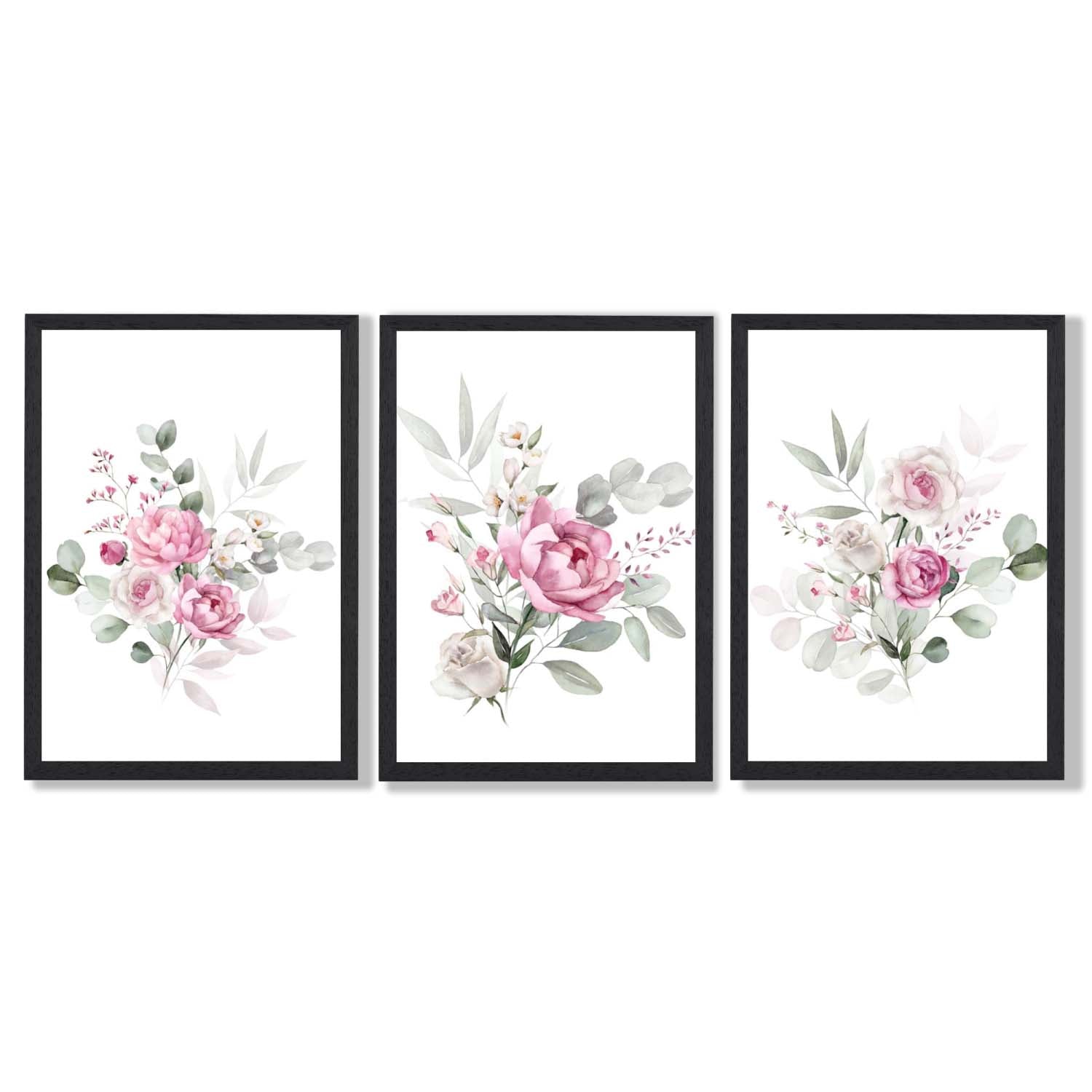 Set of 3 Pink Roses with Eucalyptus Bouquets Framed Art Prints with Black Wooden Frames