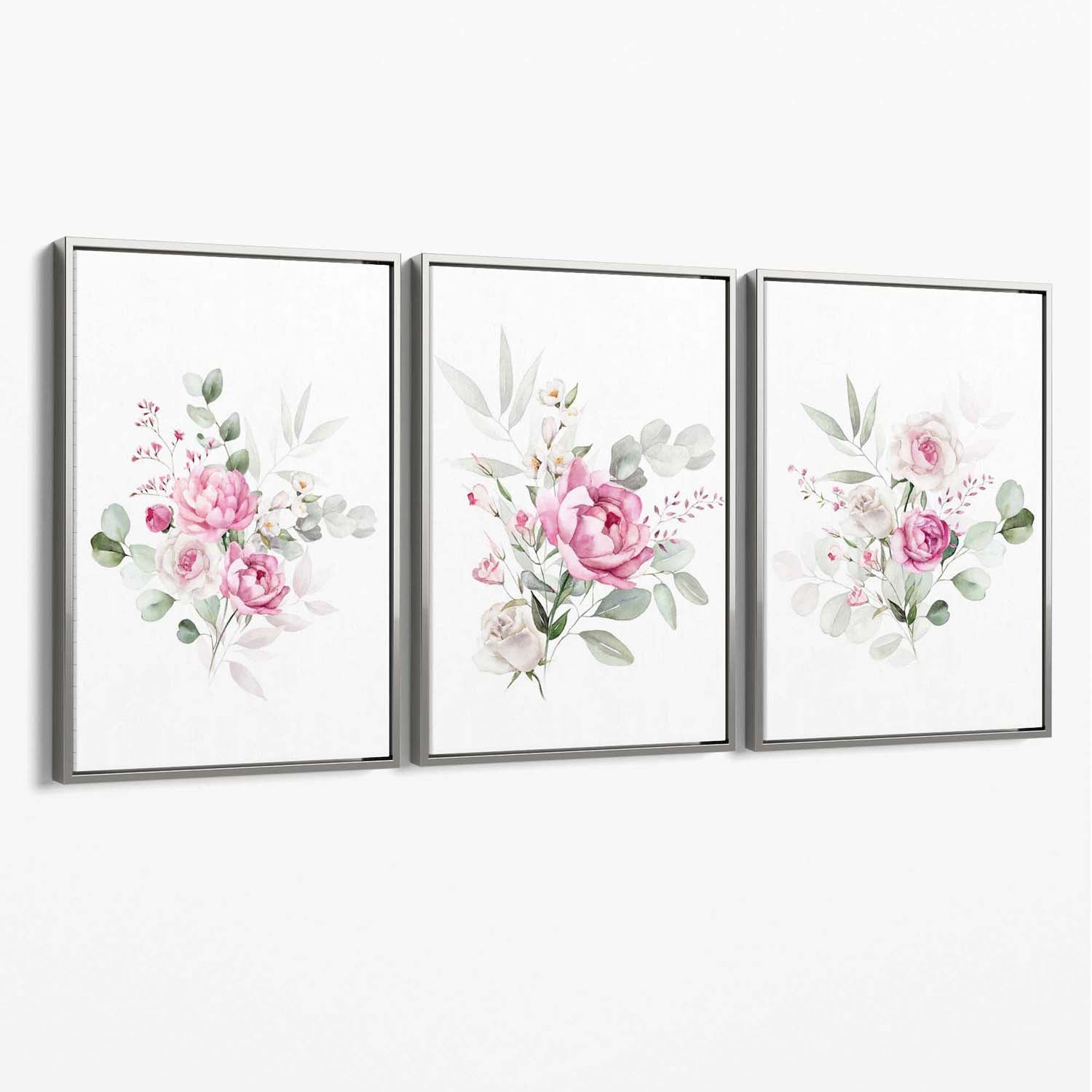 Set of 3 Pink Roses with Eucalyptus Bouquets Canvas Art Prints with Silver Float Frame