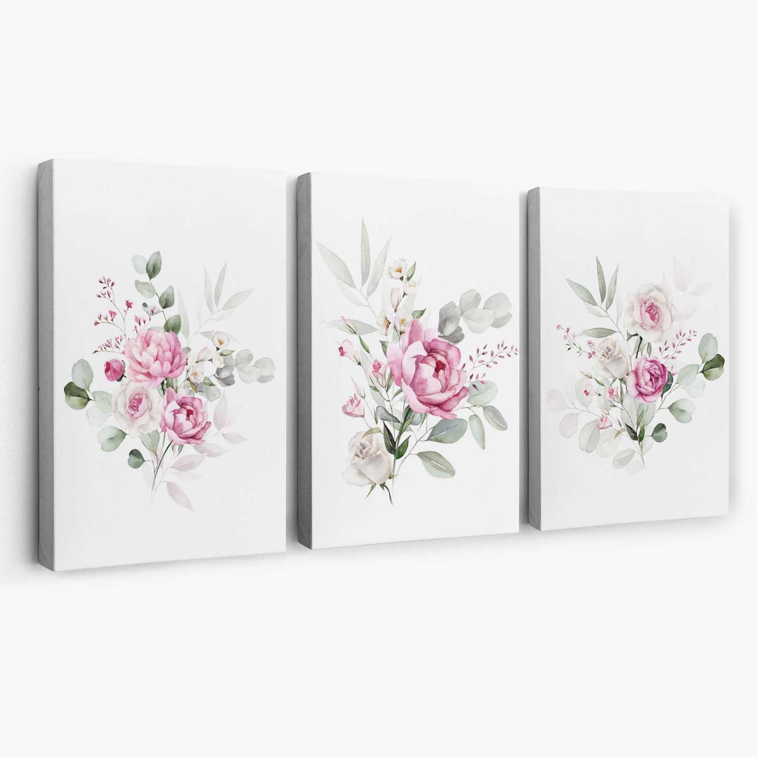 Set of 3 Pink Roses with Eucalyptus Bouquets Canvas Art Prints | Artze Wall Art