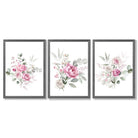 Set of 3 Pink Roses with Eucalyptus Bouquets Framed Art Prints with Dark Grey Wooden Frames