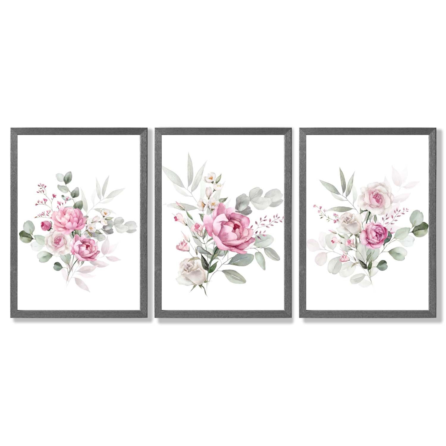 Set of 3 Pink Roses with Eucalyptus Bouquets Framed Art Prints with Dark Grey Wooden Frames