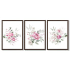 Set of 3 Pink Roses with Eucalyptus Bouquets Framed Art Prints with Dark Wood Frames