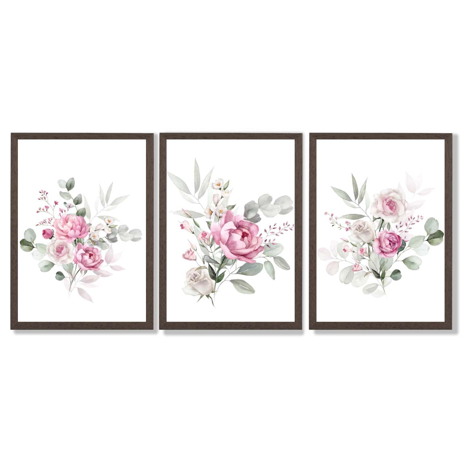 Set of 3 Pink Roses with Eucalyptus Bouquets Framed Art Prints with Dark Wood Frames