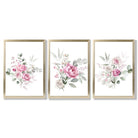 Set of 3 Pink Roses with Eucalyptus Bouquets Framed Art Prints with Gold Wood Frames