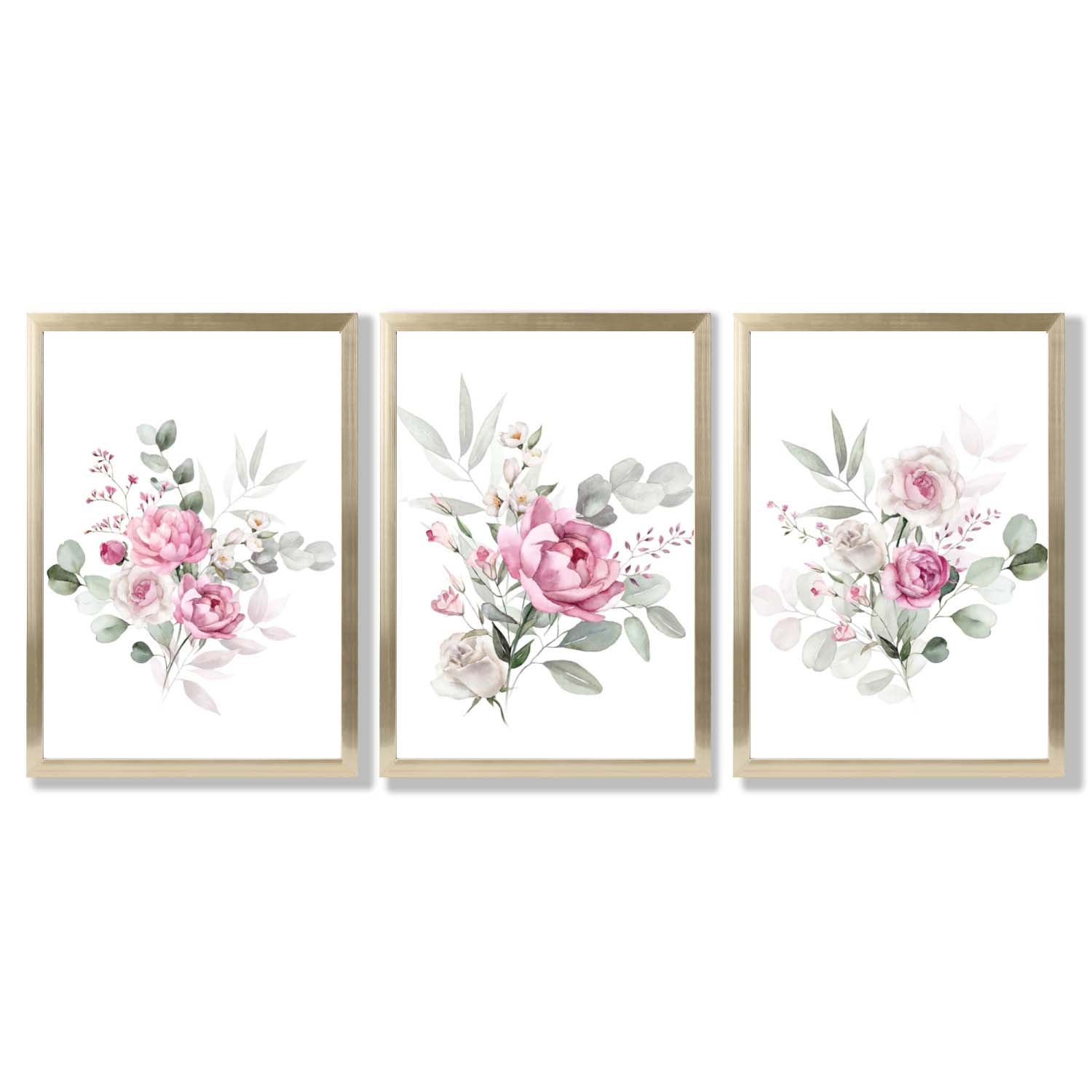 Set of 3 Pink Roses with Eucalyptus Bouquets Framed Art Prints with Gold Wood Frames