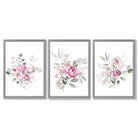 Set of 3 Pink Roses with Eucalyptus Bouquets Framed Art Prints with Light Grey Wooden Frames