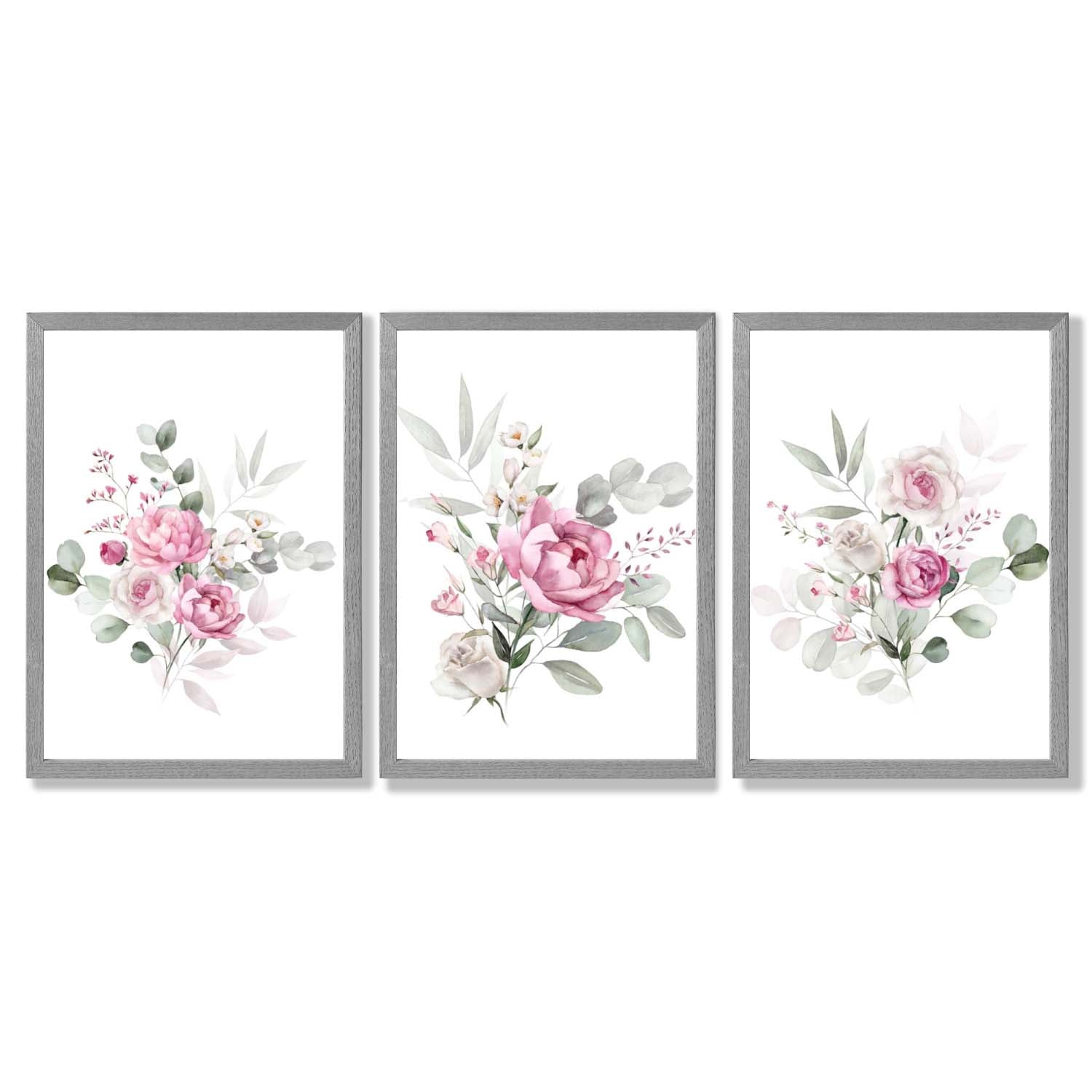 Set of 3 Pink Roses with Eucalyptus Bouquets Framed Art Prints with Light Grey Wooden Frames