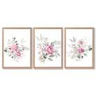Set of 3 Pink Roses with Eucalyptus Bouquets Framed Art Prints with Light Oak Frames