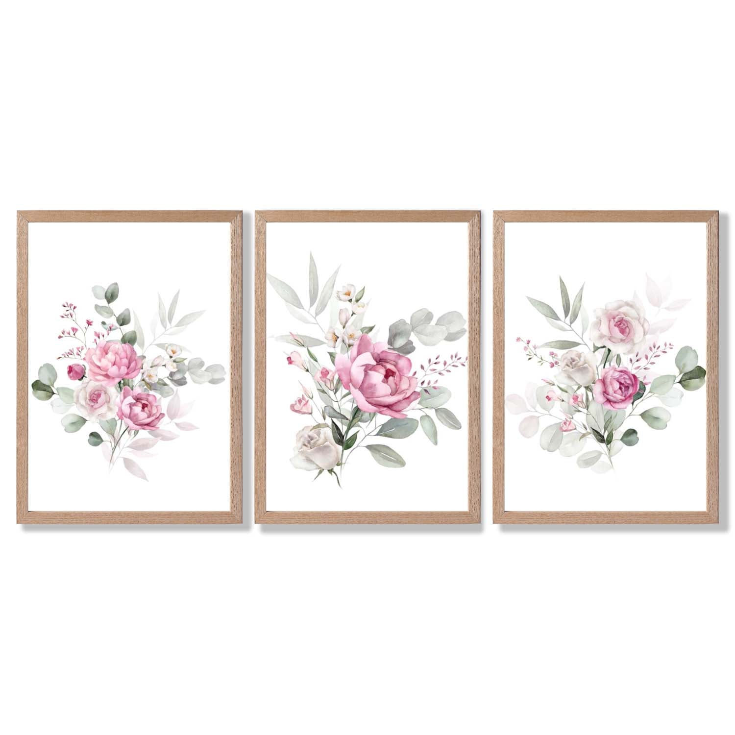 Set of 3 Pink Roses with Eucalyptus Bouquets Framed Art Prints with Light Oak Frames
