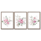 Set of 3 Pink Roses with Eucalyptus Bouquets Framed Art Prints with Light Walnut Frames