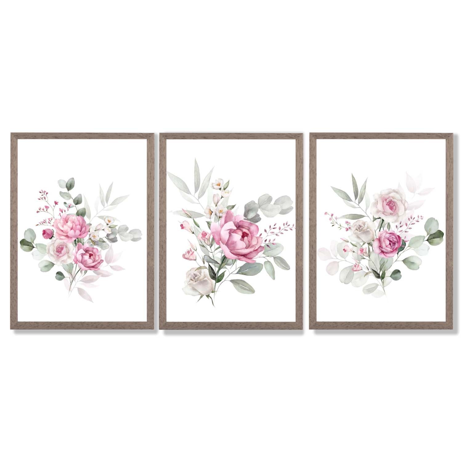Set of 3 Pink Roses with Eucalyptus Bouquets Framed Art Prints with Light Walnut Frames