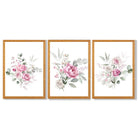 Set of 3 Pink Roses with Eucalyptus Bouquets Framed Art Prints with Oak Wooden Frames