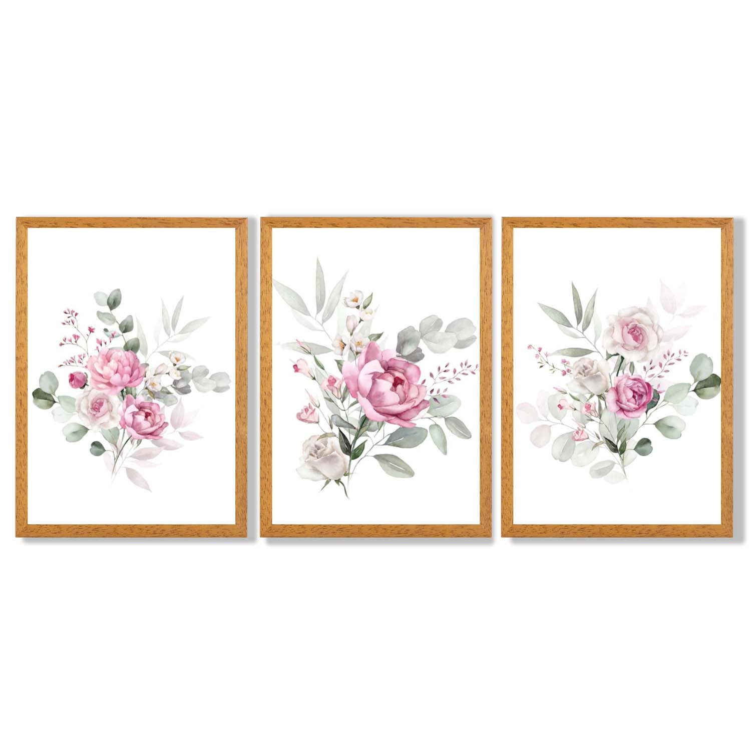 Set of 3 Pink Roses with Eucalyptus Bouquets Framed Art Prints with Oak Wooden Frames