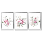 Set of 3 Pink Roses with Eucalyptus Bouquets Framed Art Prints with Silver Wood Frames