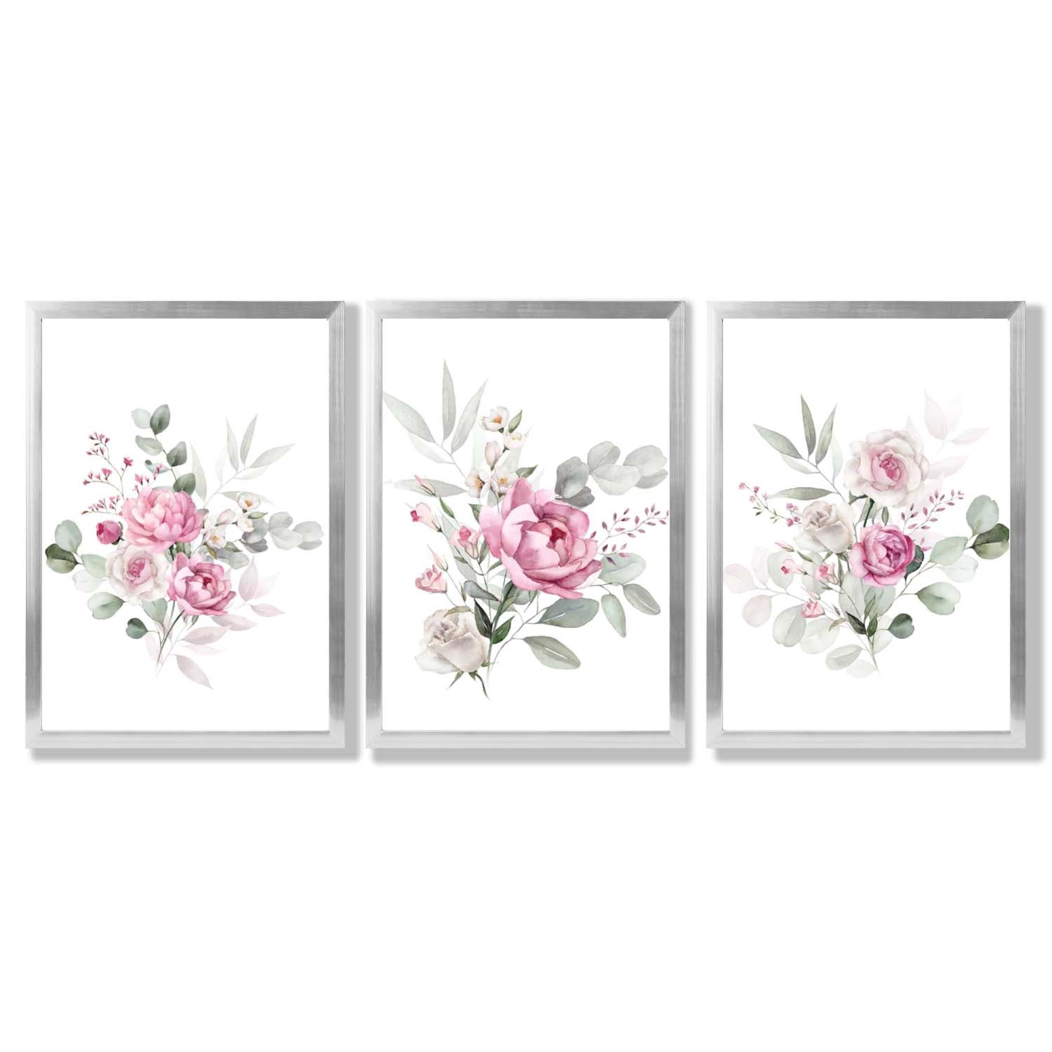 Set of 3 Pink Roses with Eucalyptus Bouquets Framed Art Prints with Silver Wood Frames
