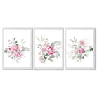 Set of 3 Pink Roses with Eucalyptus Bouquets Framed Art Prints with White Wooden Frames
