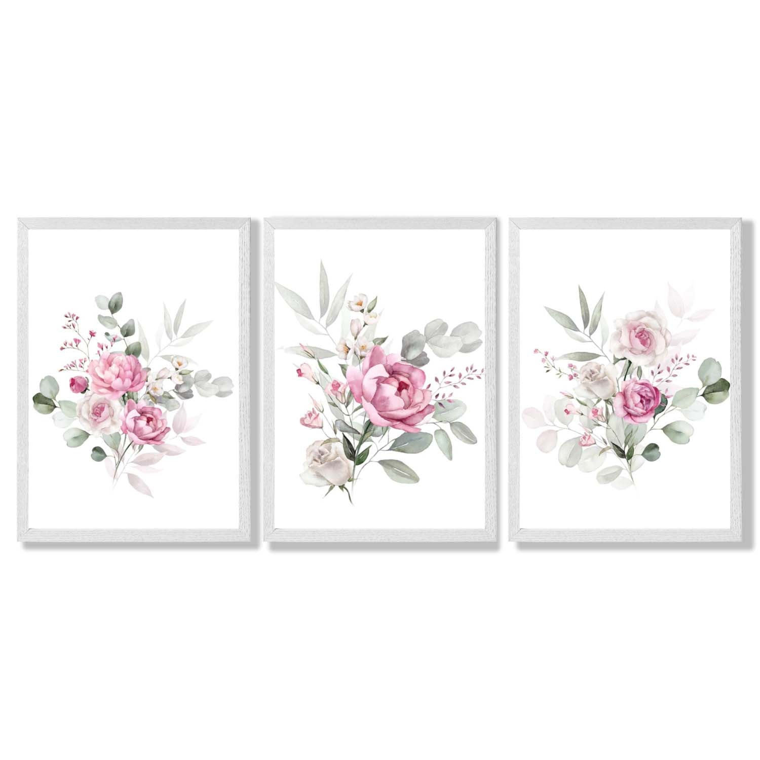 Set of 3 Pink Roses with Eucalyptus Bouquets Framed Art Prints with White Wooden Frames