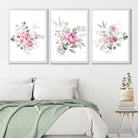 Set of 3 Pink Roses with Eucalyptus Bouquets Art Prints in Luxury Frames | Artze UK