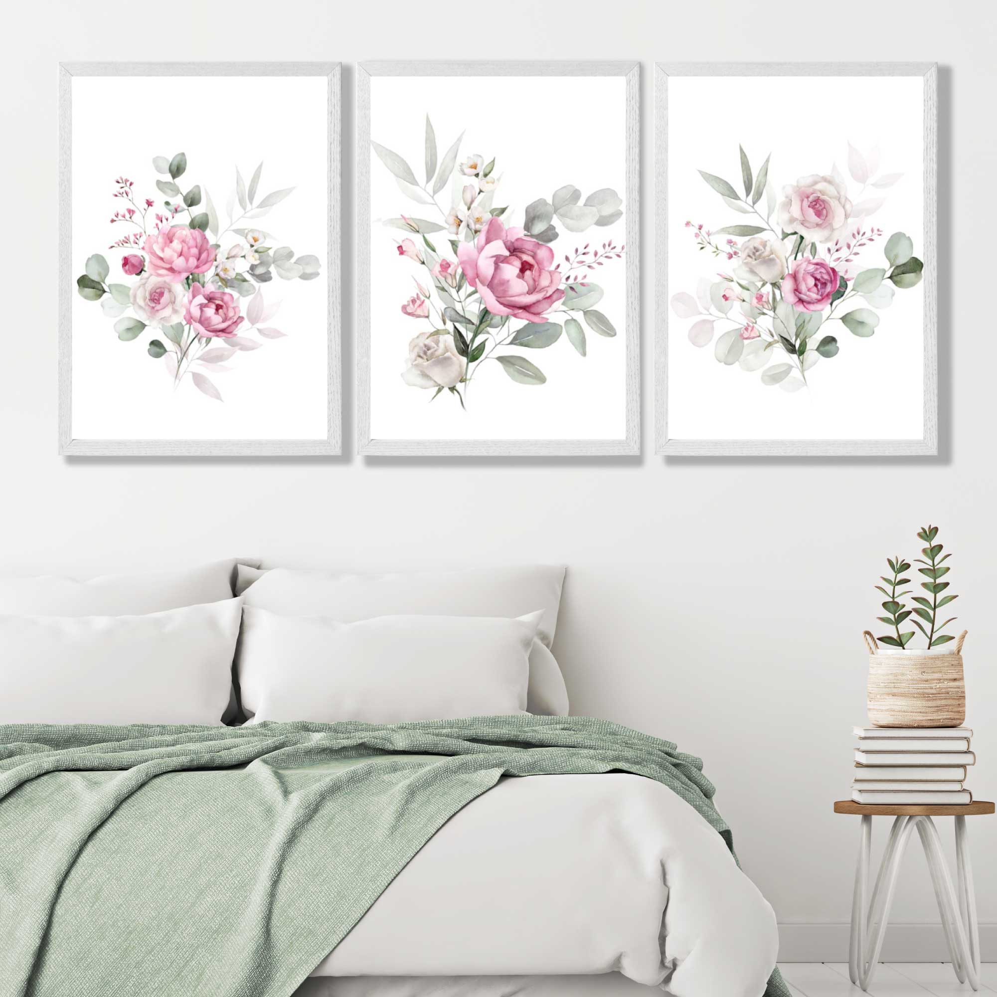 Set of 3 Pink Roses with Eucalyptus Bouquets Art Prints in Luxury Frames | Artze UK
