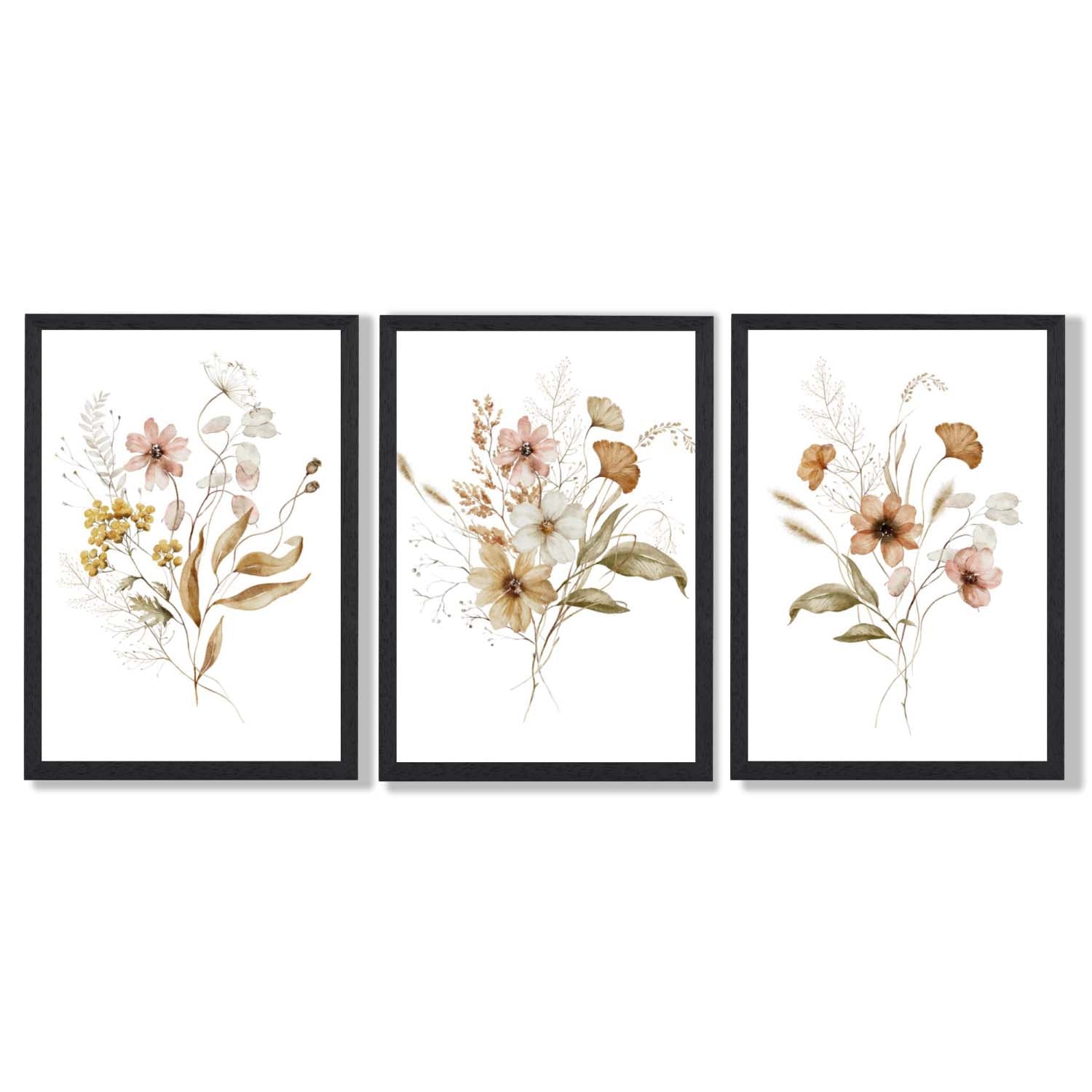 Autumn Wild Flower Bouquets Set of 3 Framed Art Prints with Black Wooden Frames