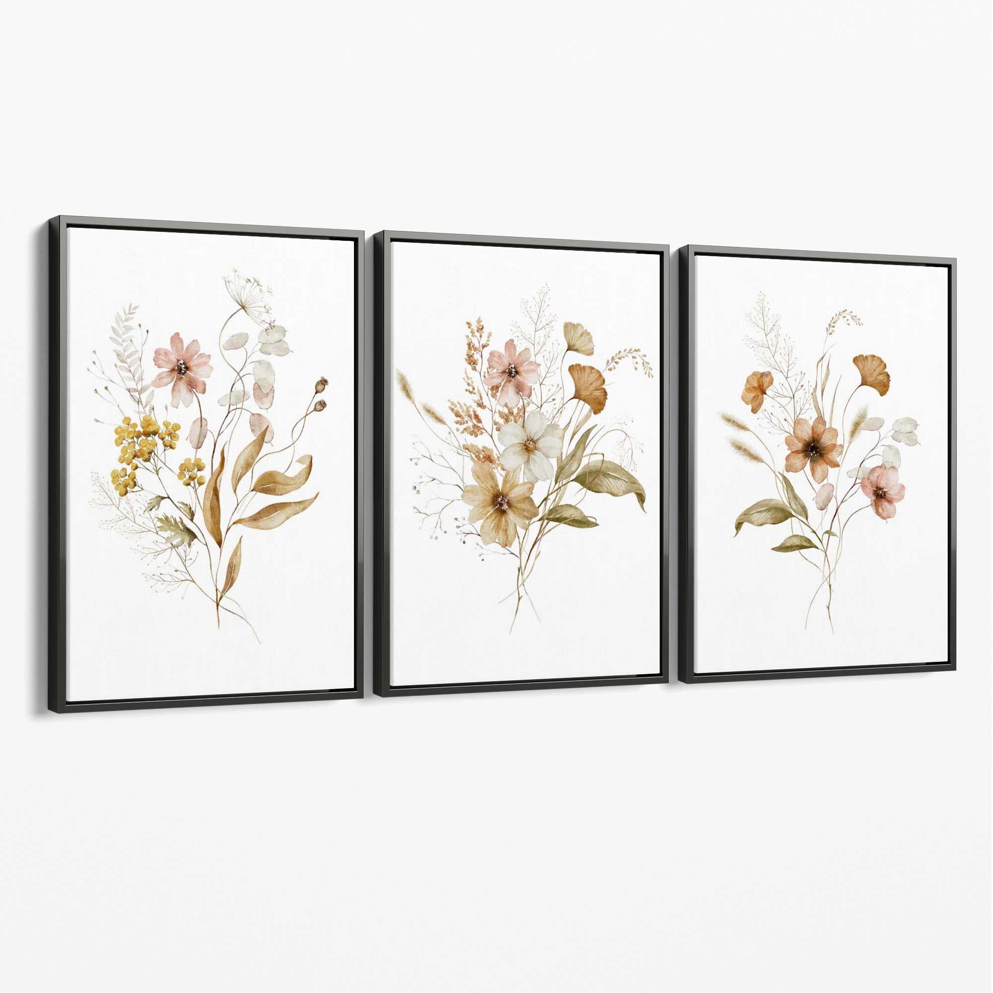 Autumn Wild Flower Bouquets Set of 3 Canvas Art Prints with Grey Float Frame