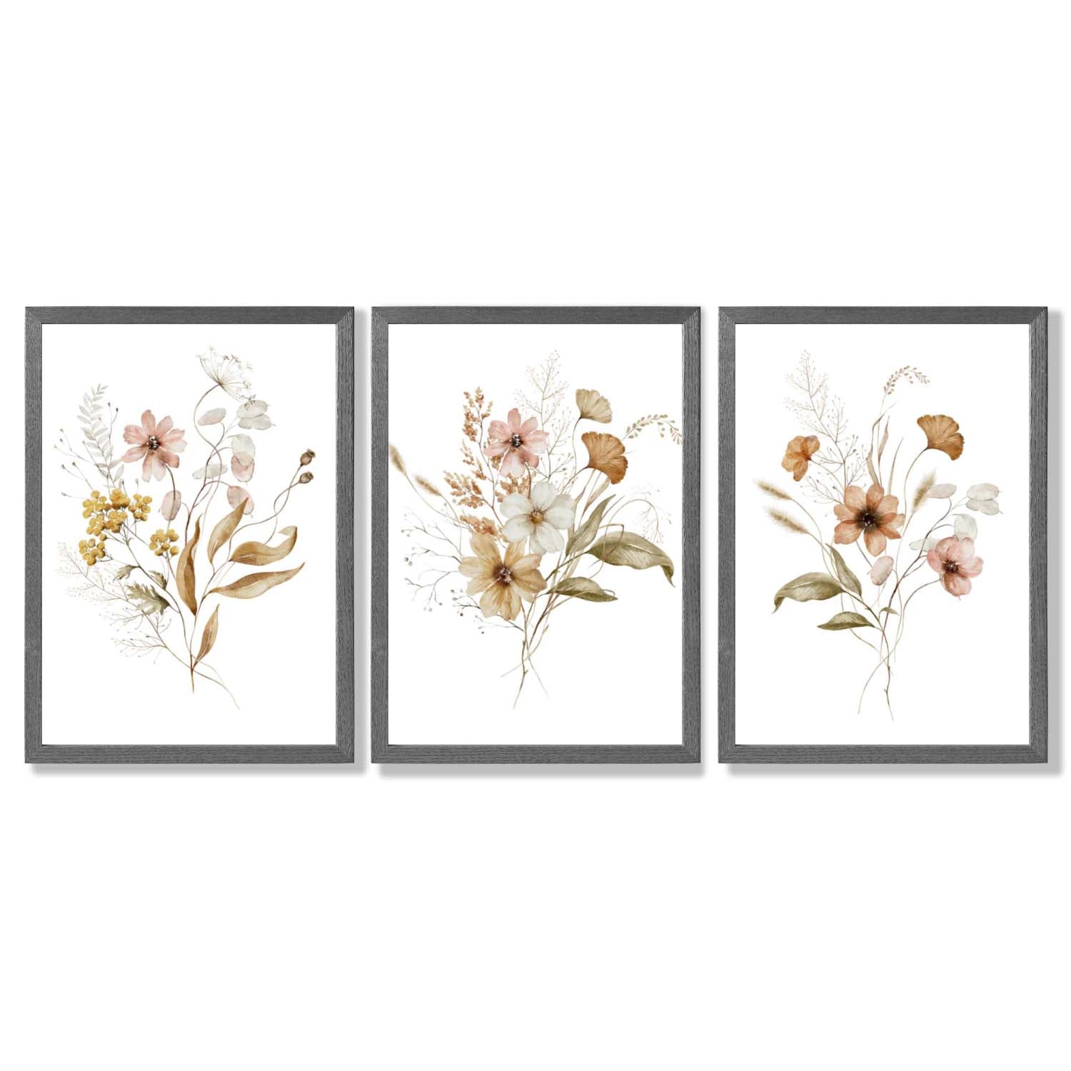 Autumn Wild Flower Bouquets Set of 3 Framed Art Prints with Dark Grey Wooden Frames