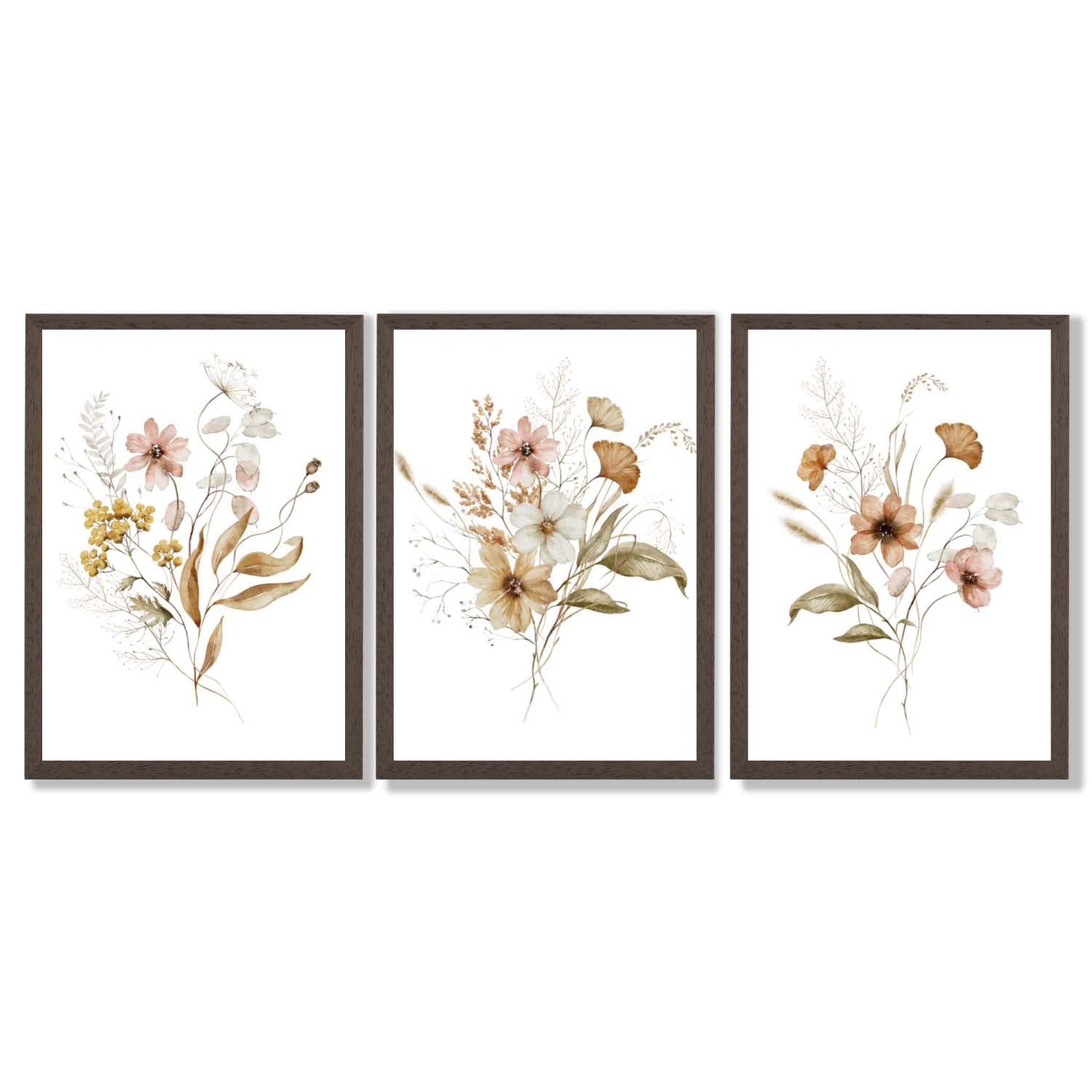 Autumn Wild Flower Bouquets Set of 3 Framed Art Prints with Dark Wood Frames