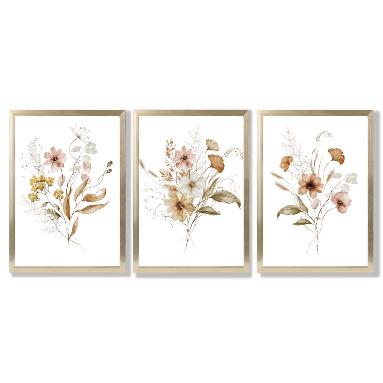 Autumn Wild Flower Bouquets Set of 3 Framed Art Prints with Gold Wood Frames