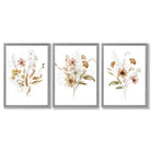 Autumn Wild Flower Bouquets Set of 3 Framed Art Prints with Light Grey Wooden Frames