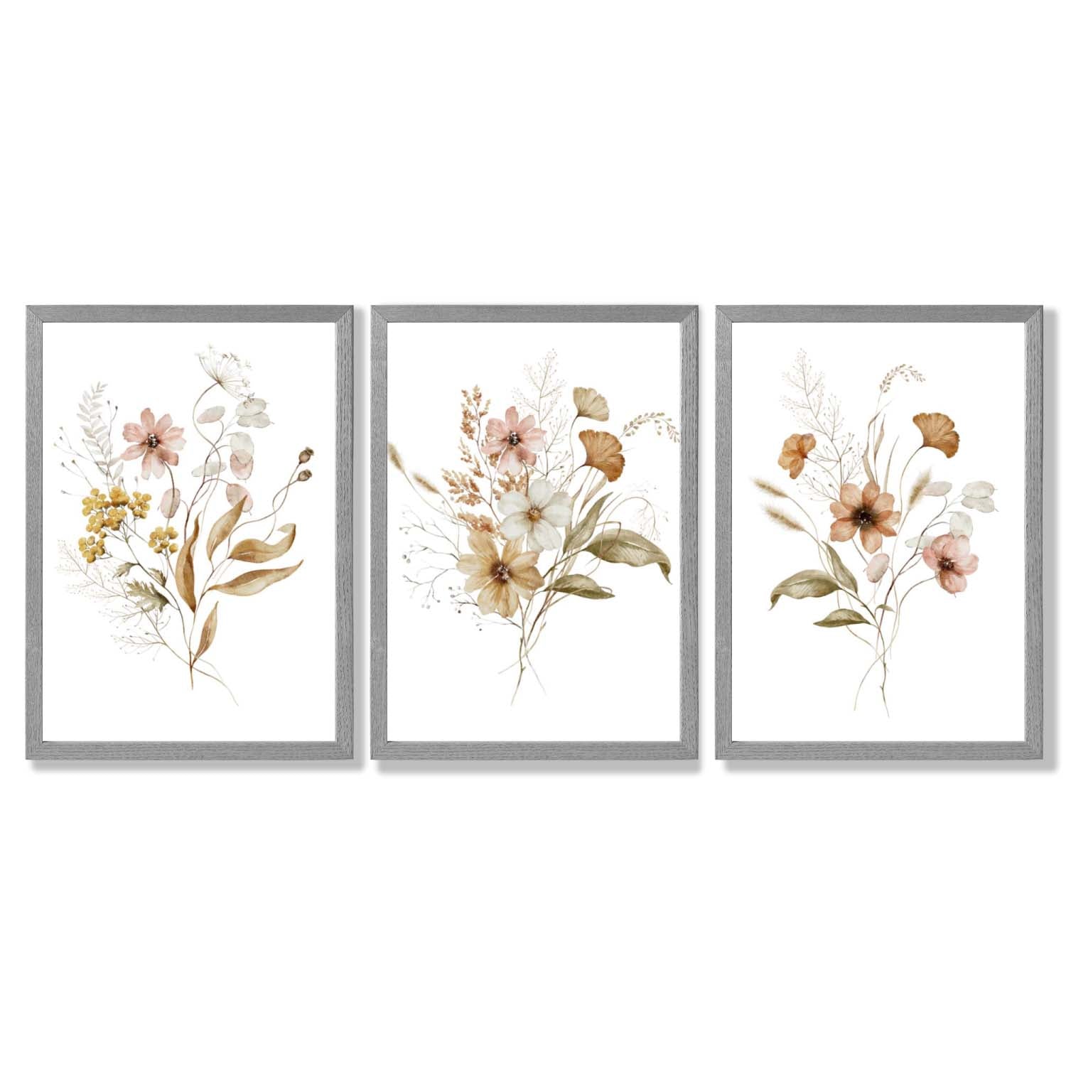 Autumn Wild Flower Bouquets Set of 3 Framed Art Prints with Light Grey Wooden Frames