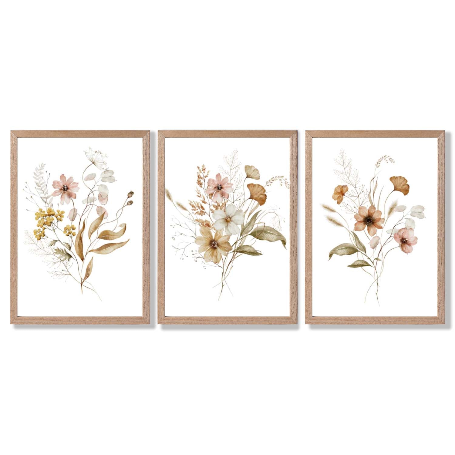 Autumn Wild Flower Bouquets Set of 3 Framed Art Prints with Light Oak Frames