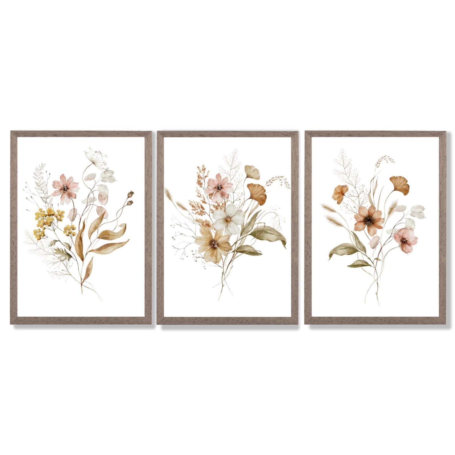 Autumn Wild Flower Bouquets Set of 3 Framed Art Prints with Light Walnut Frames