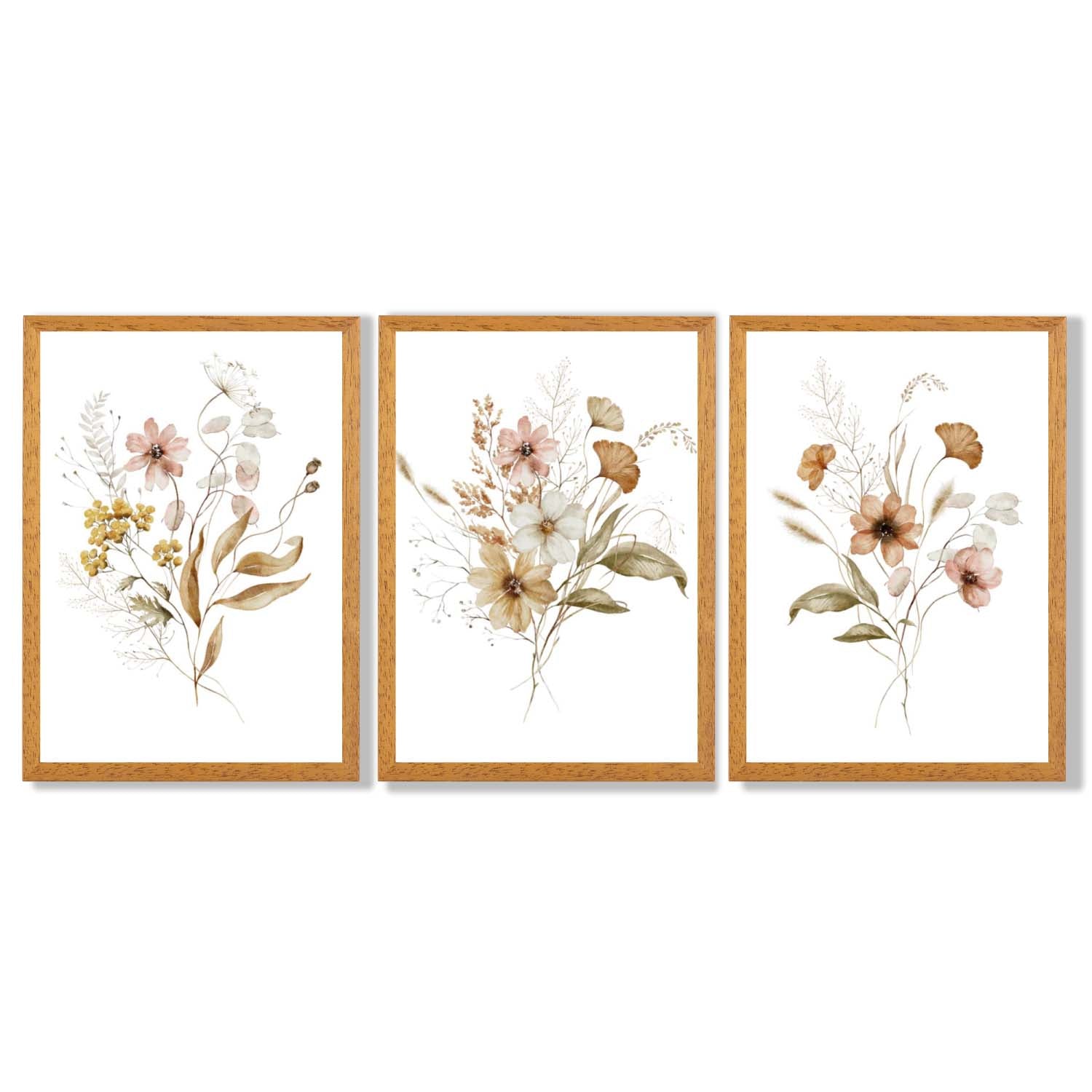 Autumn Wild Flower Bouquets Set of 3 Framed Art Prints with Oak Wooden Frames