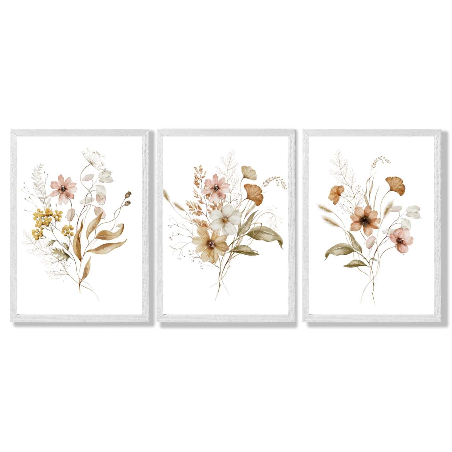 Autumn Wild Flower Bouquets Set of 3 Framed Art Prints with White Wooden Frames