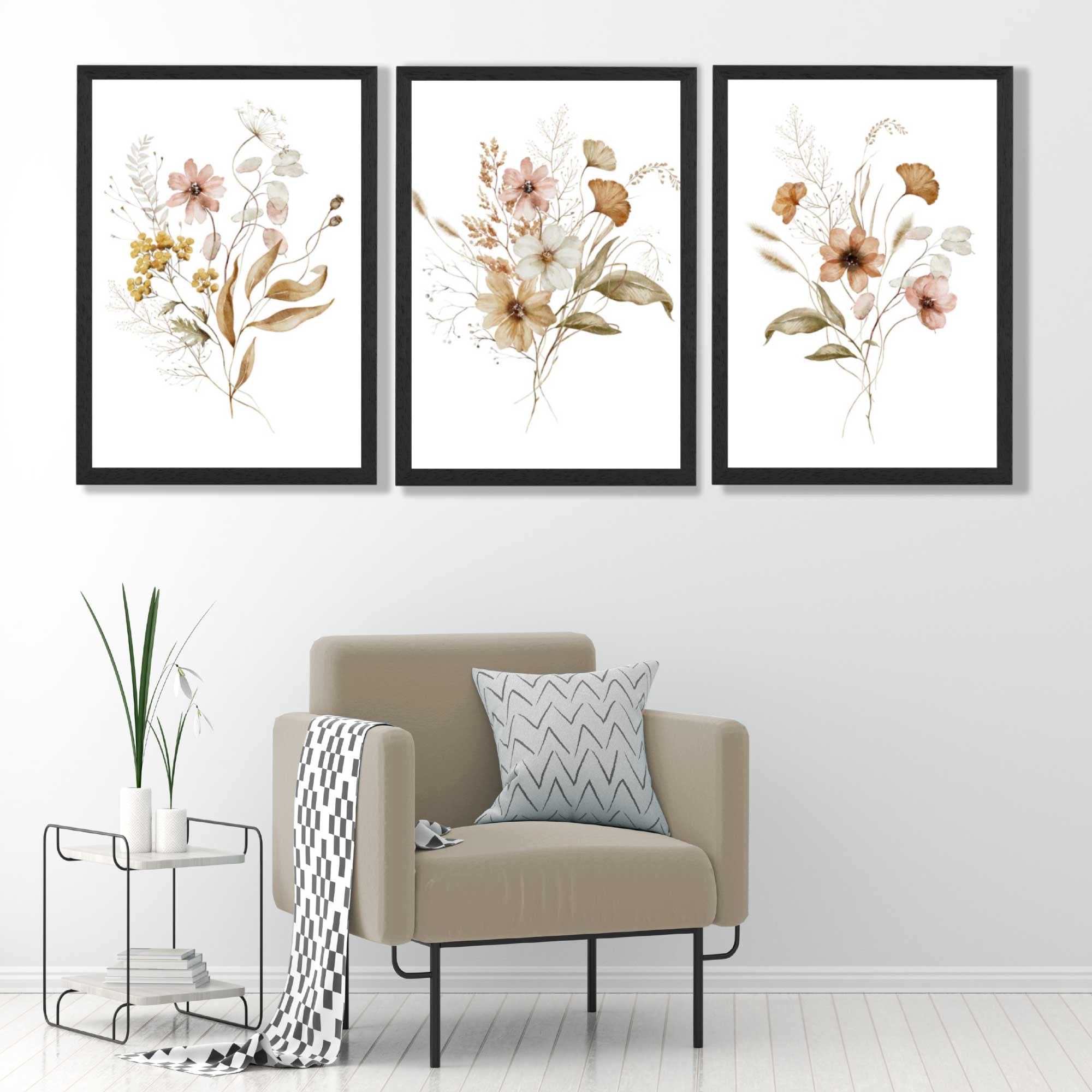 Autumn Wild Flower Bouquets Set of 3 Art Prints in Black Frames | Artze UK