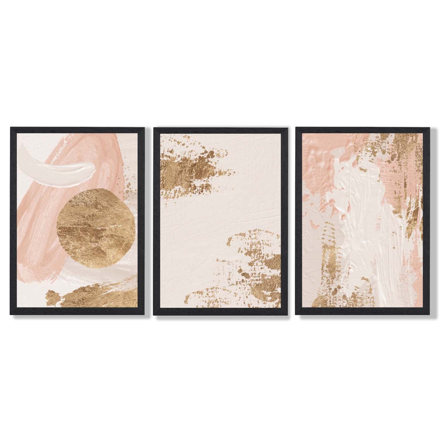 Set of 3 Abstract Blush Pink and Gold Framed Art Prints with Black Wooden Frames