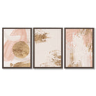 Set of 3 Abstract Blush Pink and Gold Framed Art Prints with Dark Wood Frames