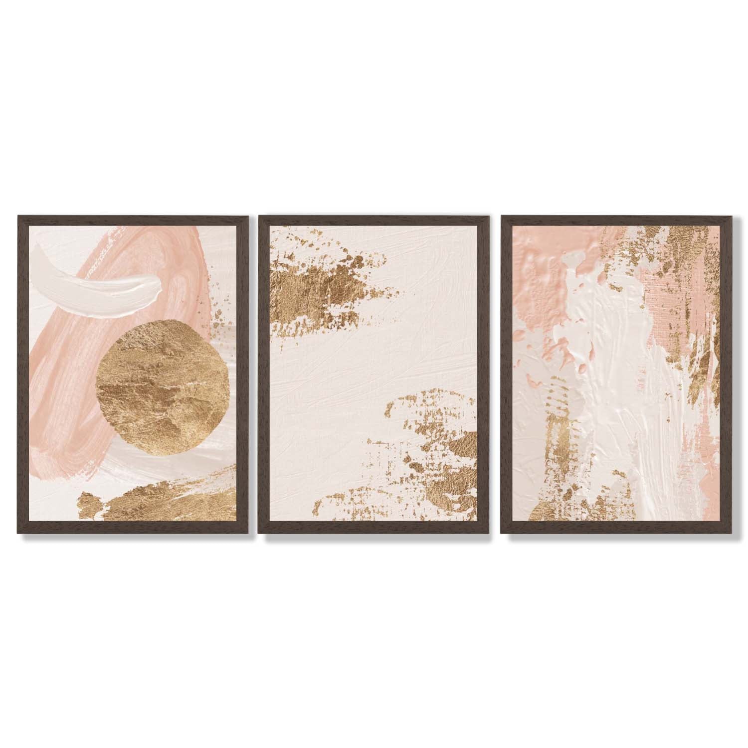 Set of 3 Abstract Blush Pink and Gold Framed Art Prints with Dark Wood Frames