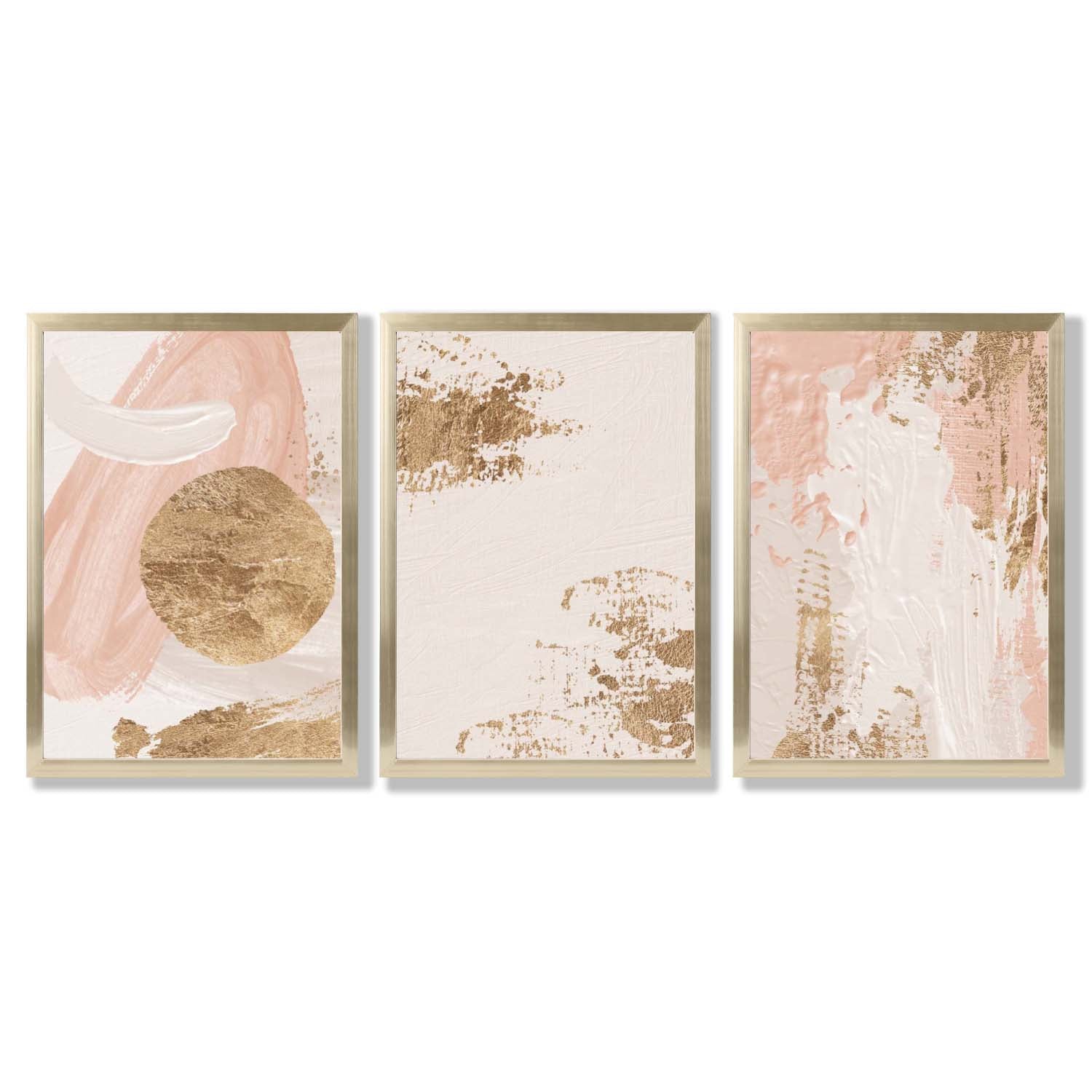 Set of 3 Abstract Blush Pink and Gold Framed Art Prints with Gold Wood Frames