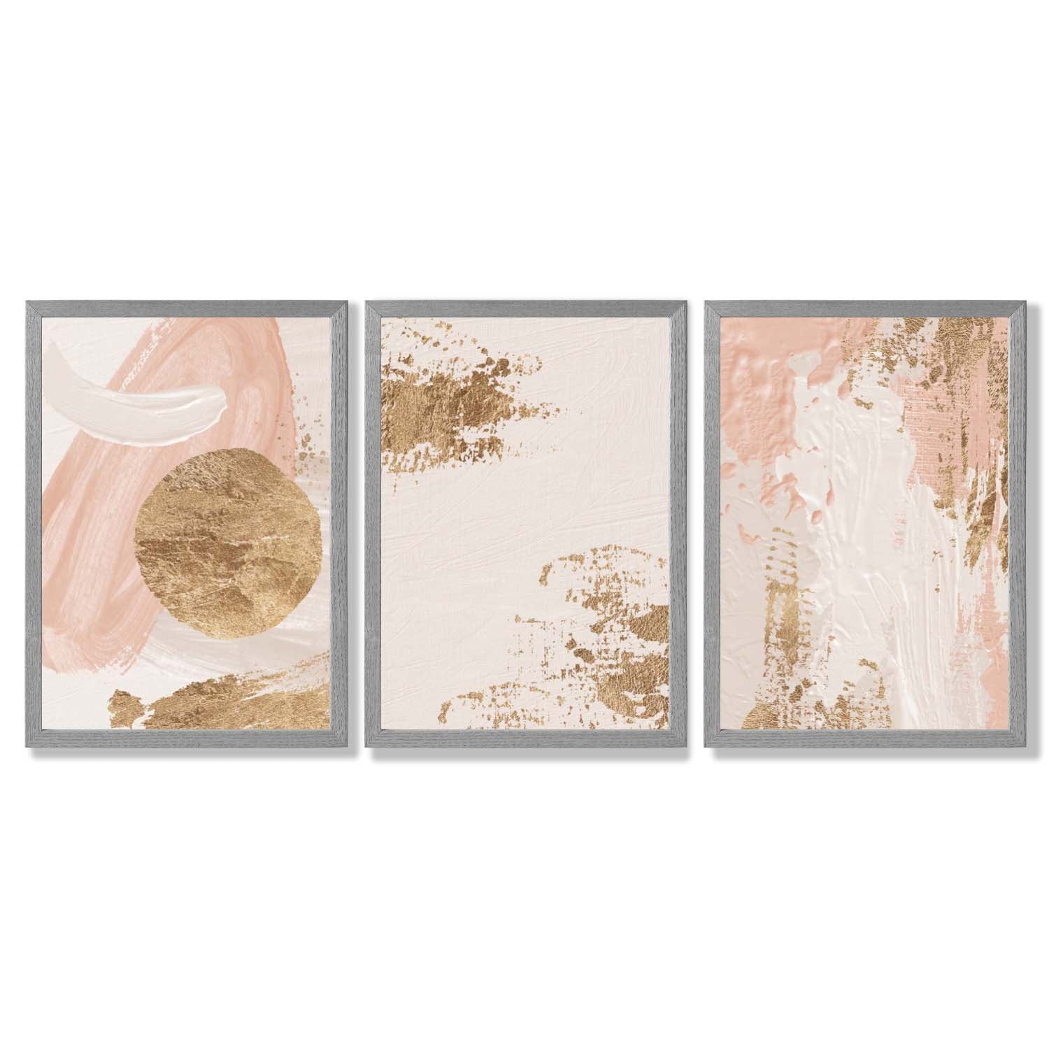 Set of 3 Abstract Blush Pink and Gold Framed Art Prints with Light Grey Wooden Frames