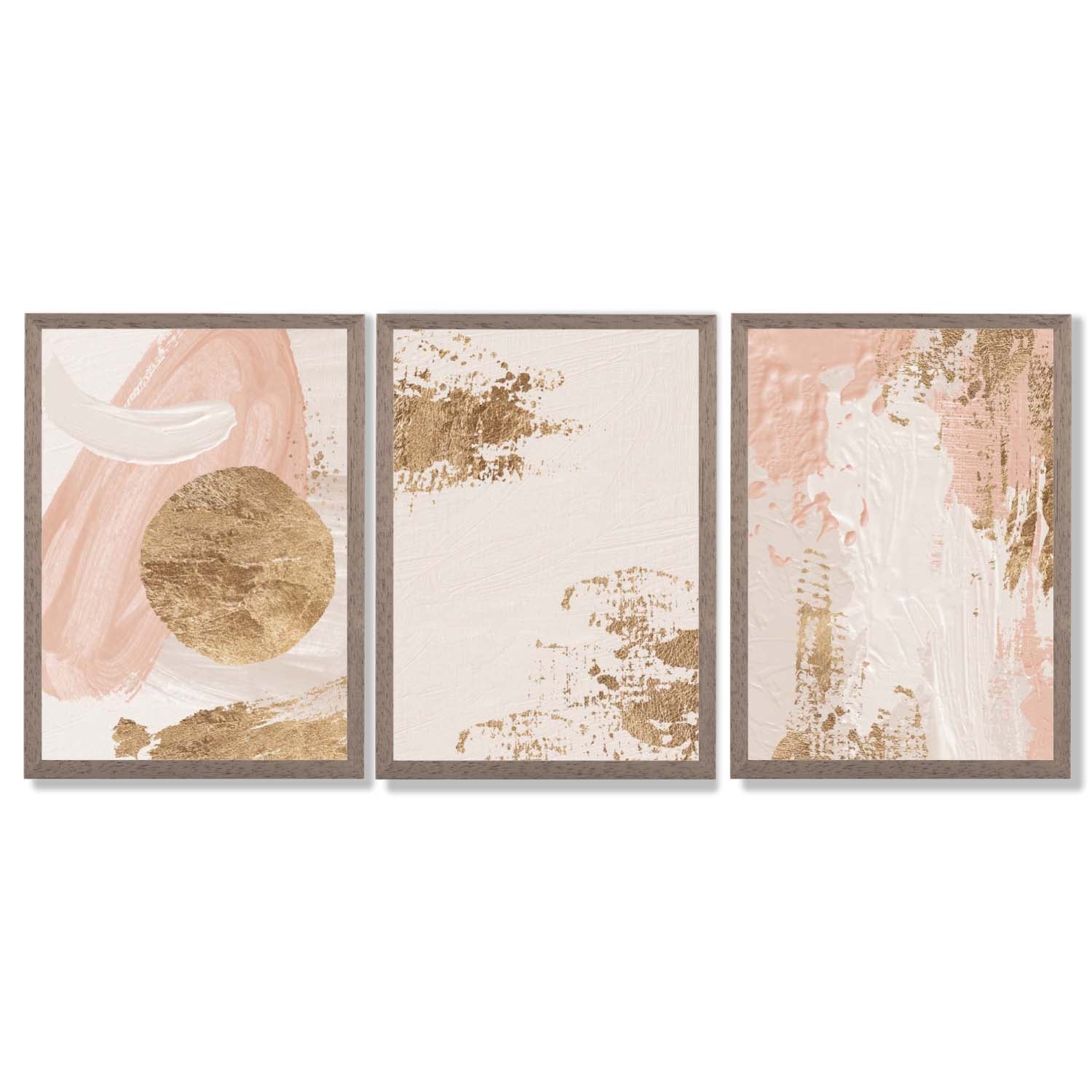 Set of 3 Abstract Blush Pink and Gold Framed Art Prints with Light Walnut Frames