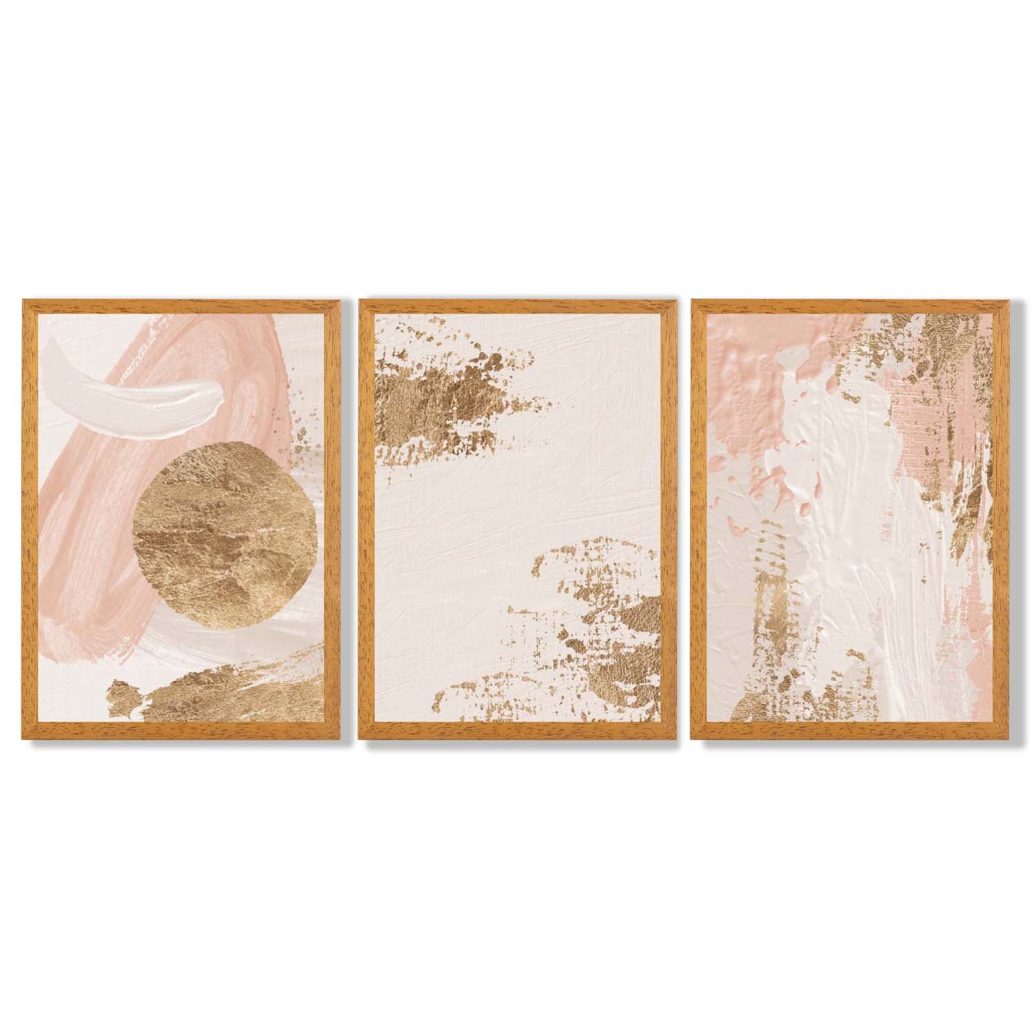 Set of 3 Abstract Blush Pink and Gold Framed Art Prints with Oak Wooden Frames