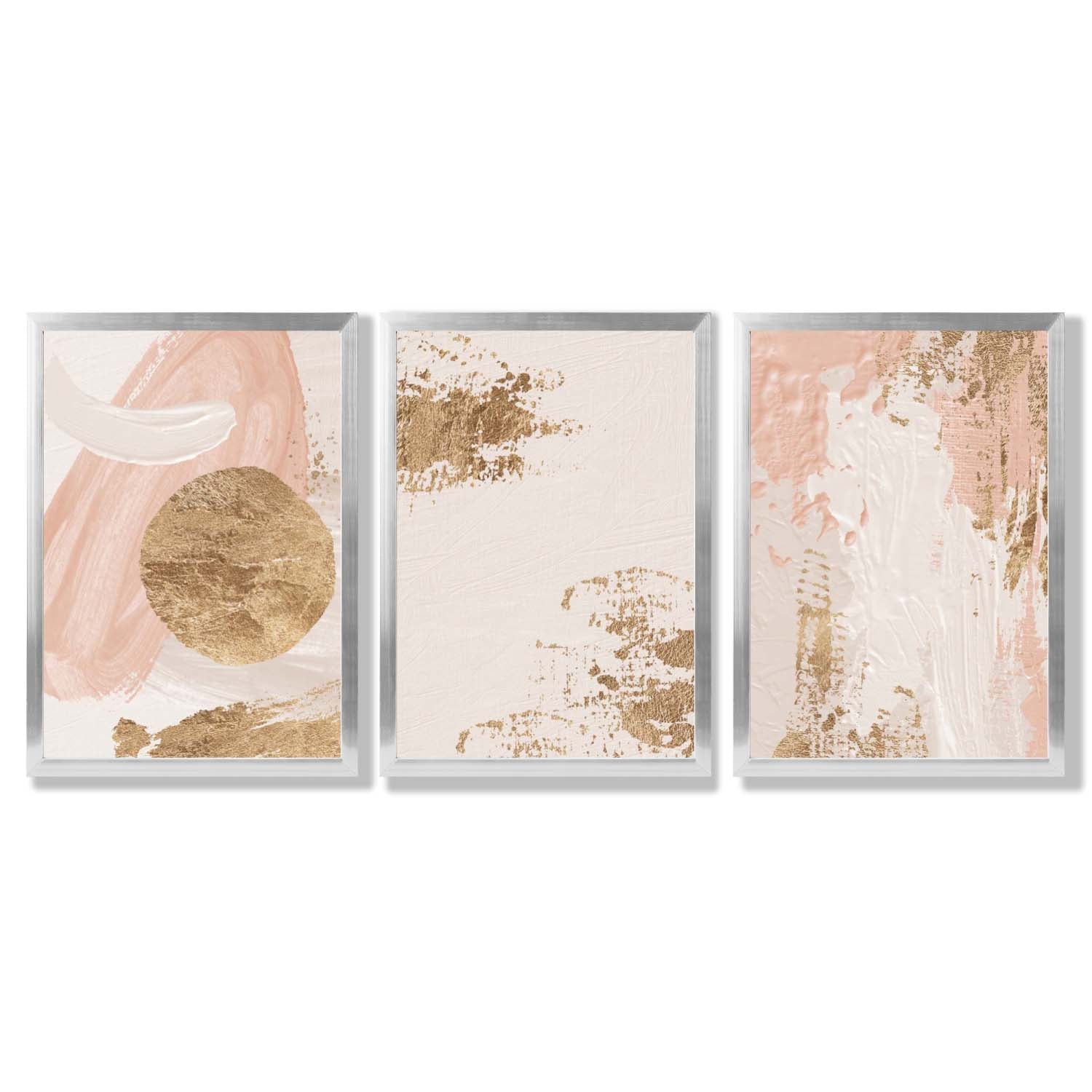 Set of 3 Abstract Blush Pink and Gold Framed Art Prints with Silver Wood Frames