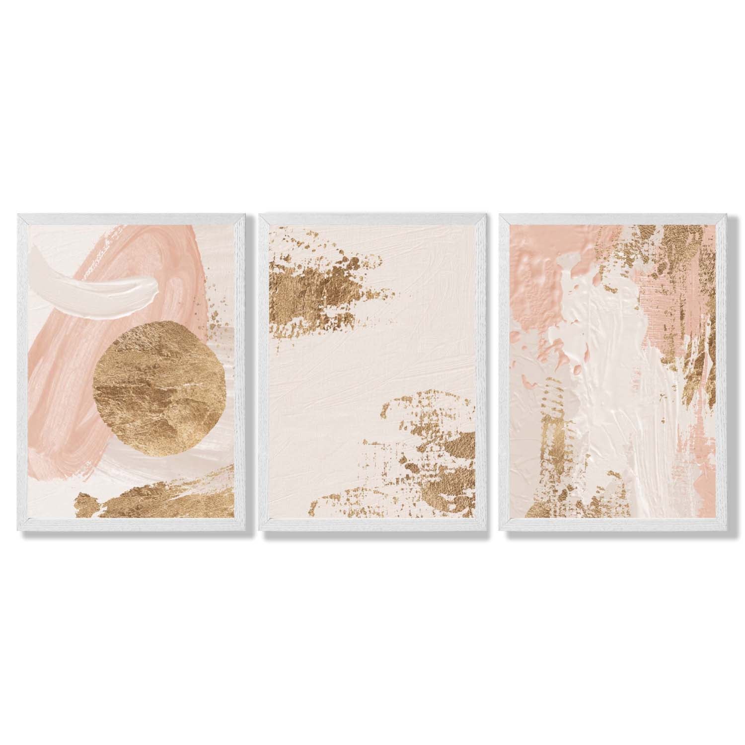 Set of 3 Abstract Blush Pink and Gold Framed Art Prints with White Wooden Frames