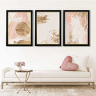 Set of 3 Abstract Blush Pink and Gold Art Prints in Luxury Frames | Artze UK