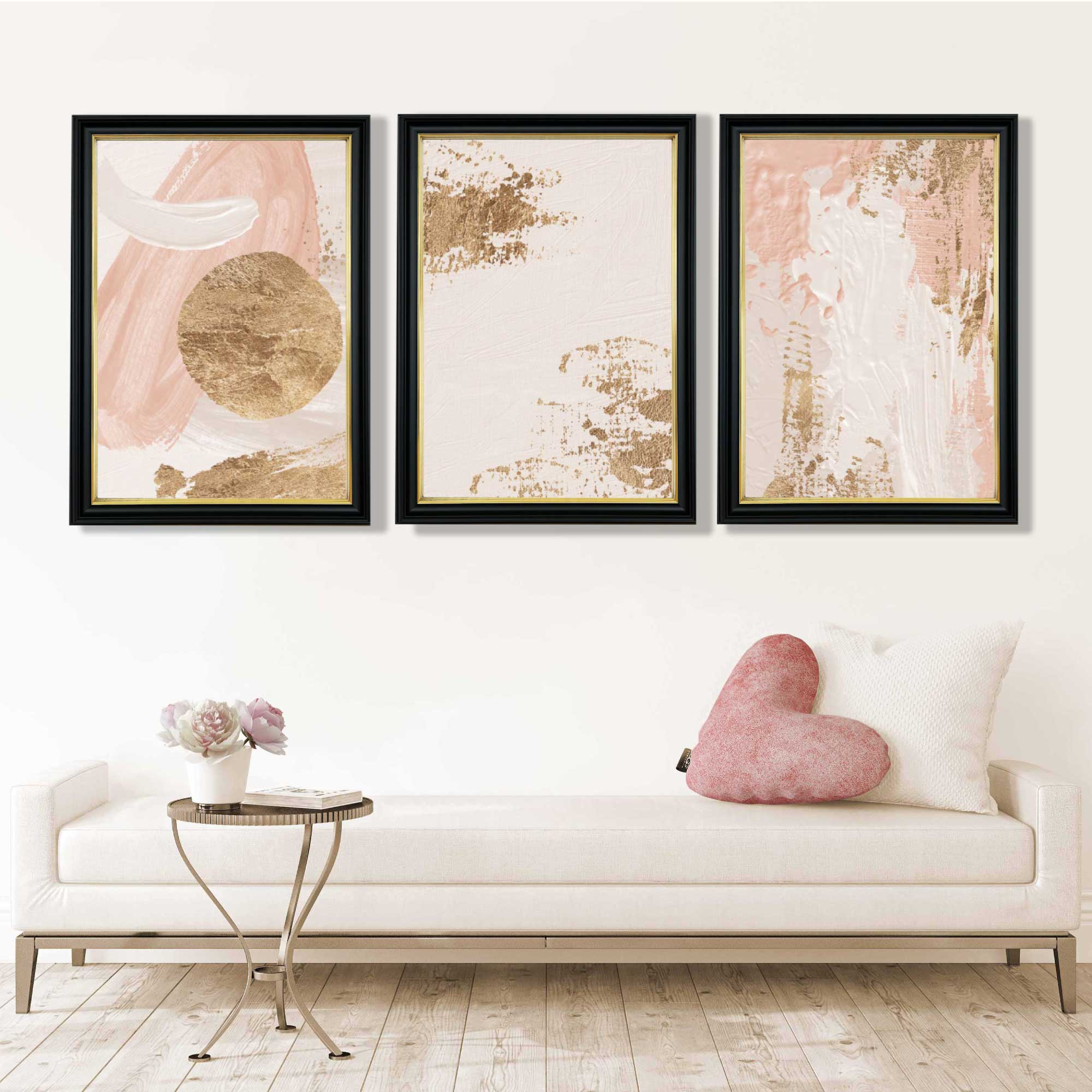 Set of 3 Abstract Blush Pink and Gold Art Prints in Luxury Frames | Artze UK